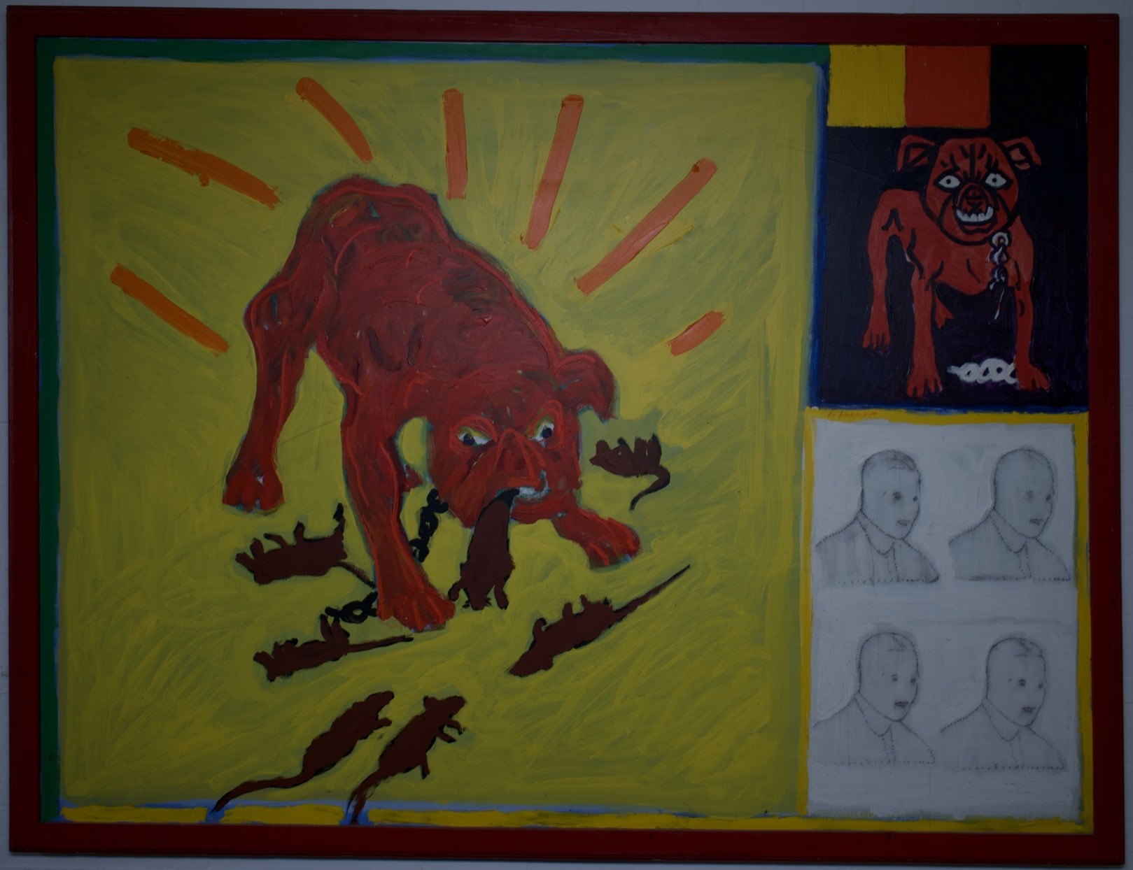 Framed painting of a red bulldog on a yellow ground