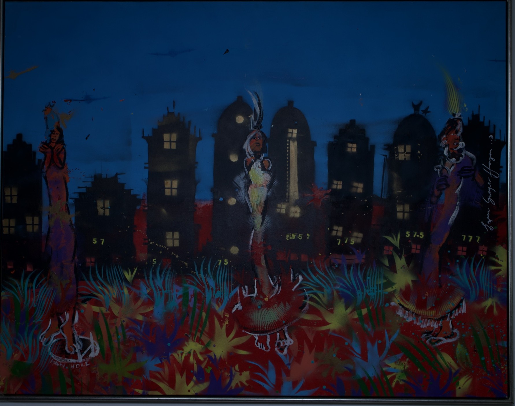 Framed painting of an Amsterdam canal-house skyline at night with dancing figures