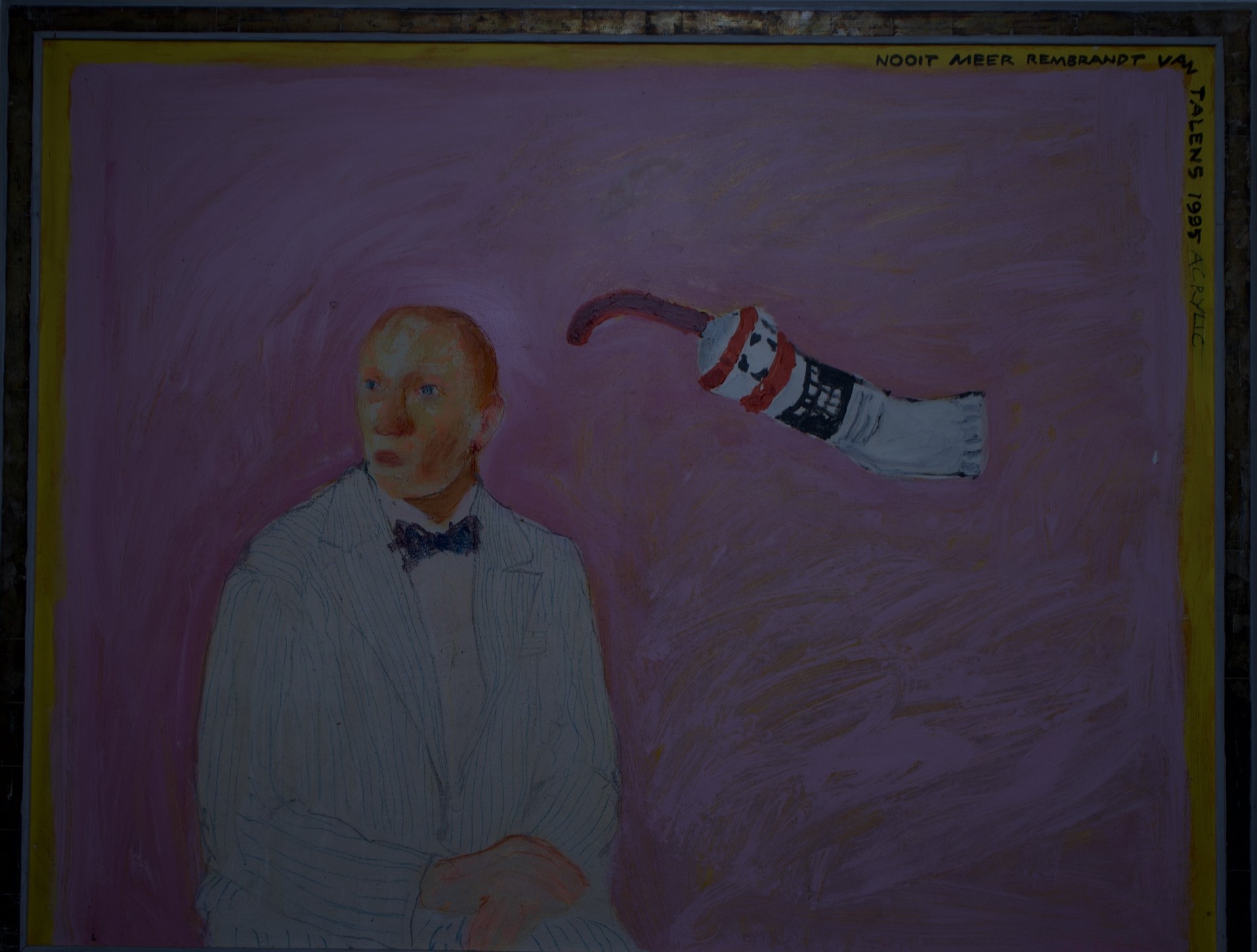 Framed portrait painting of a man in a white suit on a pink ground